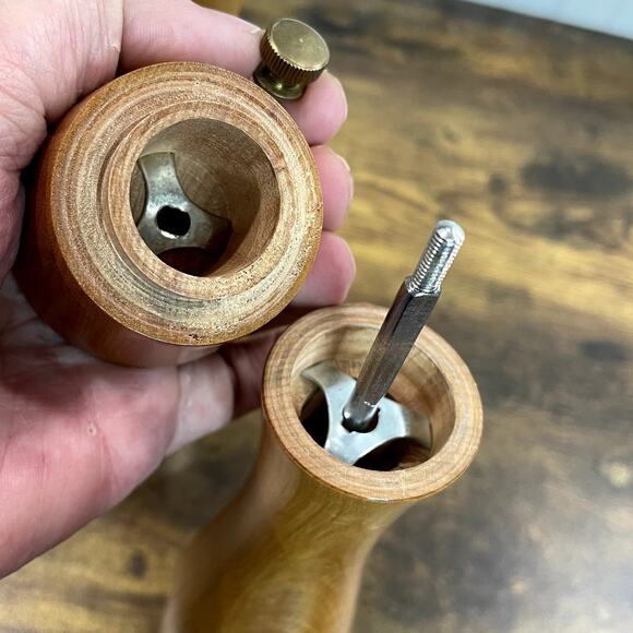 Wooden Salt Shaker and Pepper Grinder Set 10" Sleek MCM Modern Silver Accent - Picture 5 of 7